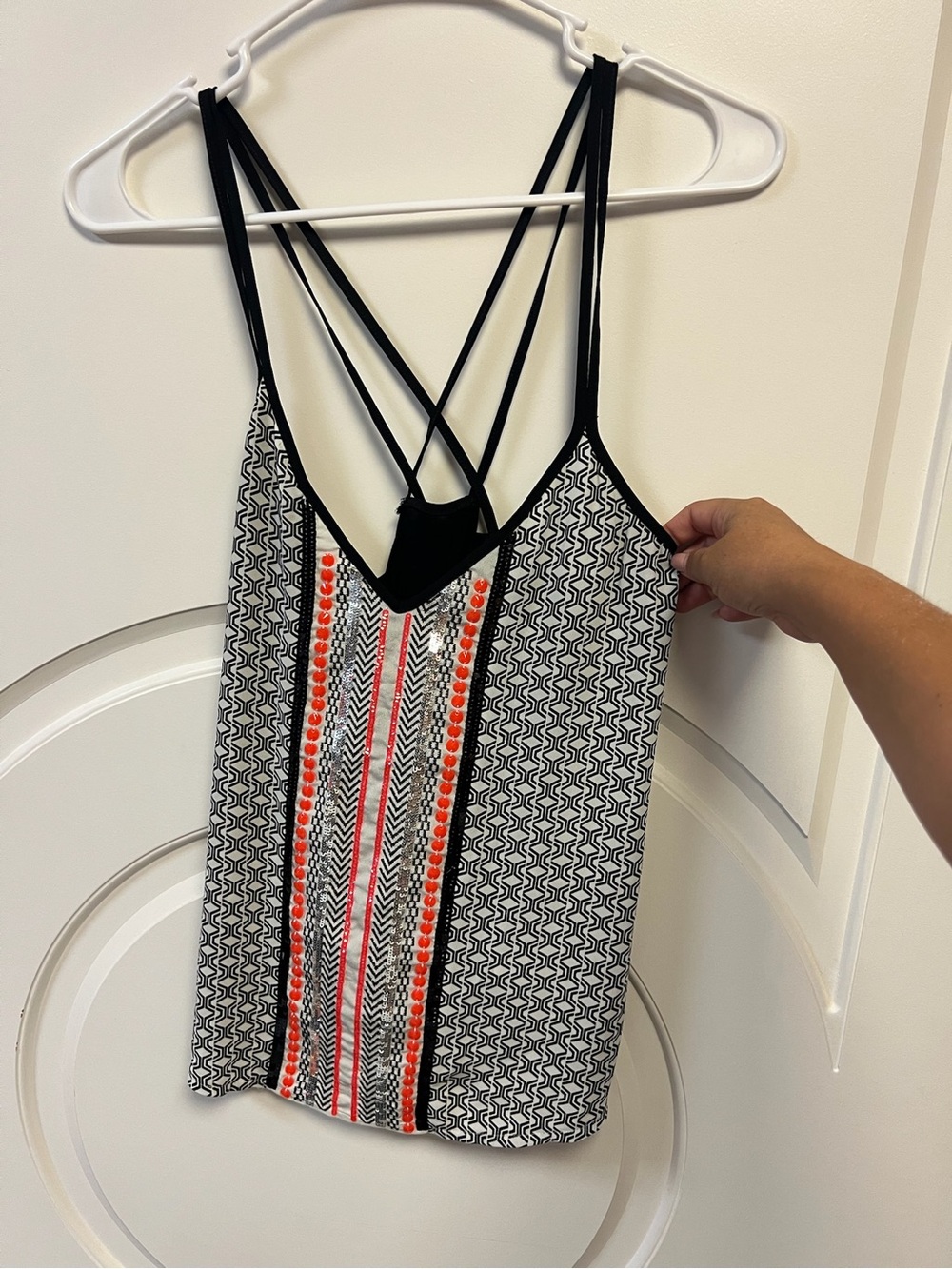 Express Black & White Strappy Camisole with Coral Trim
